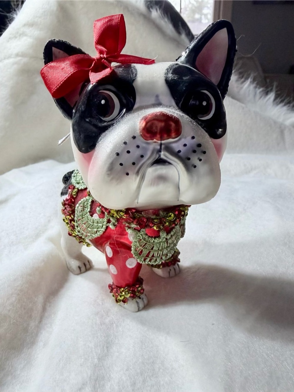 Decorative Black & White French Bulldog Figurine with Red Bow